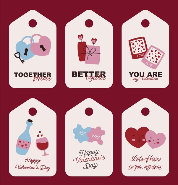 Happy Valentines Day set of gift tags with wishes for love and flat illustrations