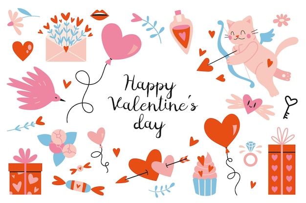 Happy Valentines Day set Many various romantic objects like hearts balloons cupid gifts and sweets cartoon style Trendy modern vector illustration isolated on white hand drawn flat