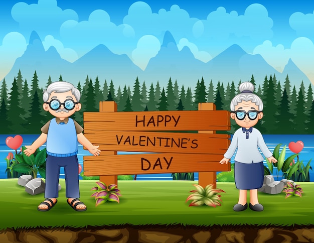 カップルの祖父母との幸せなバレンタインデーのサイン