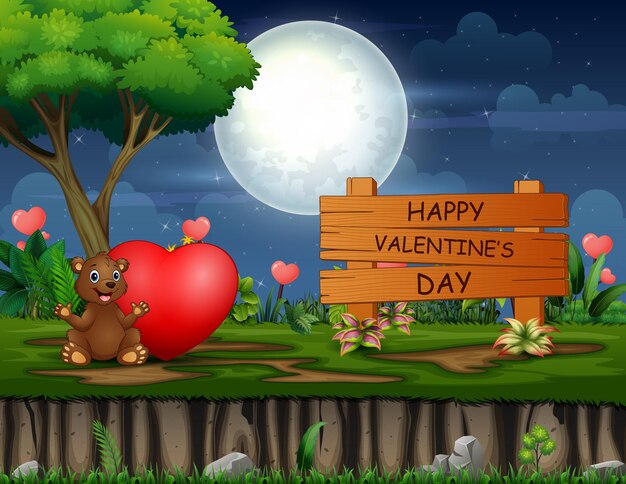 Felice giorno di san valentino segno con un orso e un cuore rosso di notte