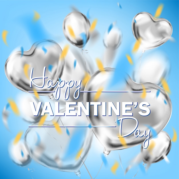 Happy Valentines Day sky blue square card with metallic heart shape air balloons