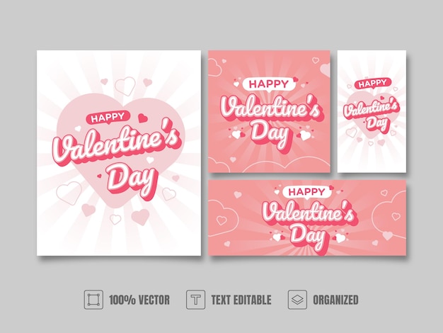 Vettore happy valentine's day social media kit design con effetto di testo e sfondo bianco rosa