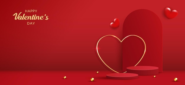 happy valentines day and stage podium decorated with heart shape pedestal scene with for product cosmetic advertising show award ceremony on red background and light vector design