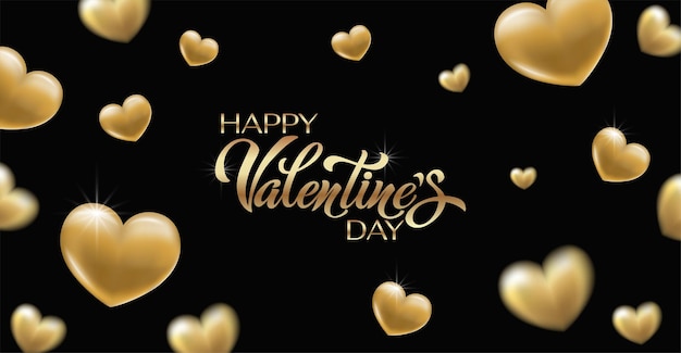 Vettore buon san valentino elegante nero e oro lettere scritte a mano vettoriali con un bellissimo sfondo di cuori 3d illustrazione vettoriale