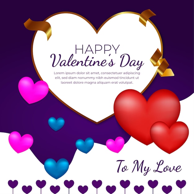 Happy Valentines Day template with love balloons on purple and white background