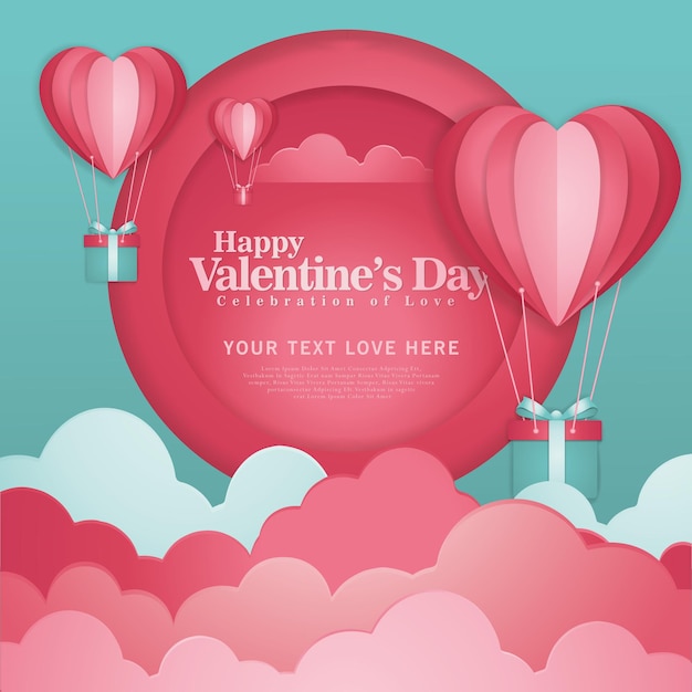 Happy valentines day typography  with paper cut red heart shape hot air balloons flying in white background. 