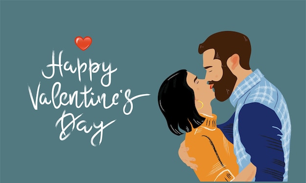 Happy valentines day vector belettering van de hand getekende illustratie een paar verliefd man en vrouw