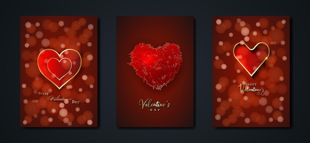 해피 발렌타인 데이 벡터 인사말 카드를 설정합니다. 빨간색 배경에 골드 하트입니다. 골든 홀리데이 포스터