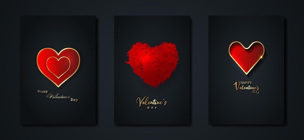 Happy Valentines day vector set greeting card. Gold red hearts on black background. Golden holiday