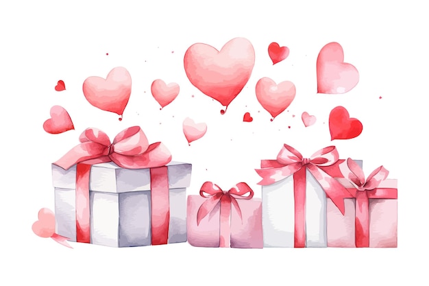발렌타인 데이 축하 빨간 심장과 선물 상자와 함께 수채화 배너 터 일러스트레이션 디자인