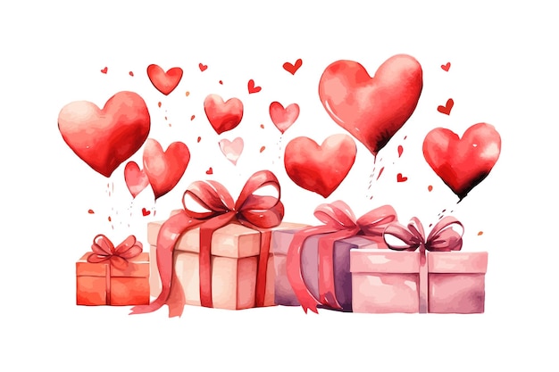 Happy Valentines day Watercolor banner with red heart and present box Vector illustration design