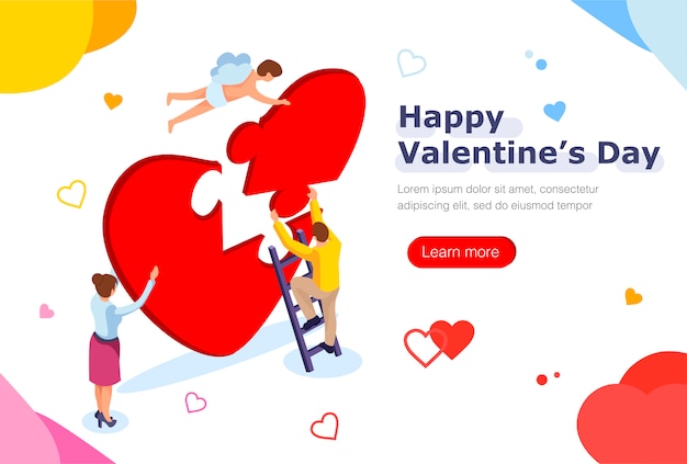 Happy Valentines day web banner. People and Cupid make a heart from puzzle