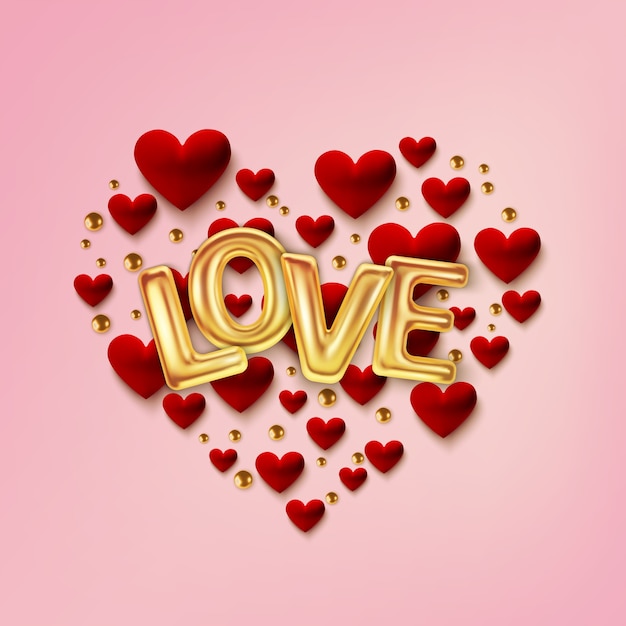 Happy valentines day wenskaart, realistische rode harten op roze achtergrond.