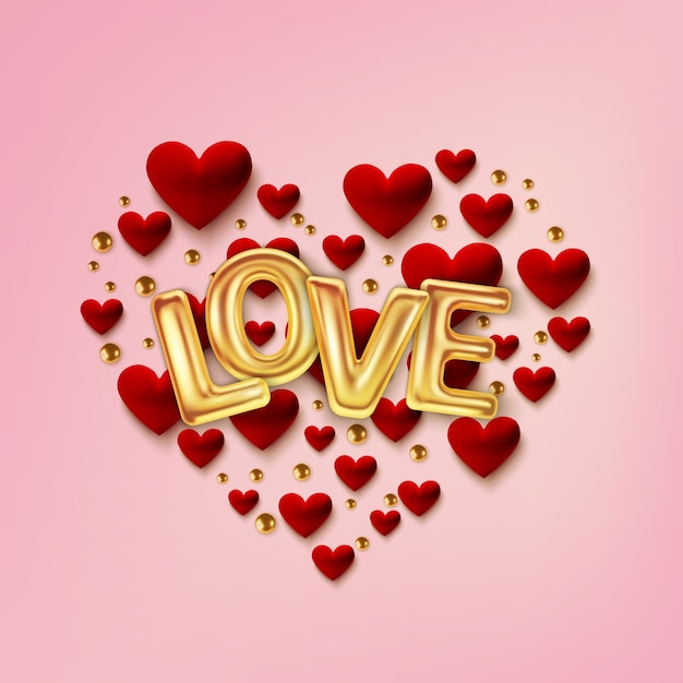 Happy Valentines Day wenskaart, realistische rode harten op roze achtergrond.