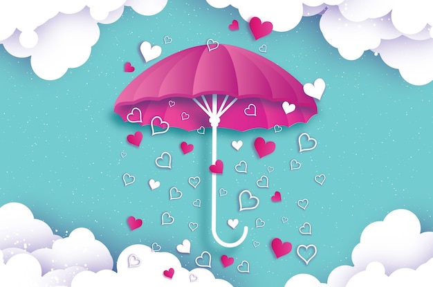 幸せなバレンタインデー白い傘空気雨が降る折り紙ハート雨滴の季節青い背景に紙のカットスタイルのハートロマンチックな休日愛2月