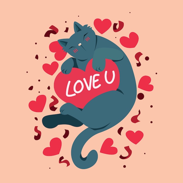 Vector happy valentines day with cute cat and love you