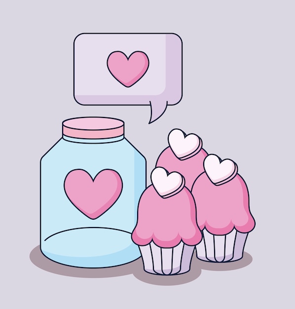 Happy valentines day with jar and cupcakes
