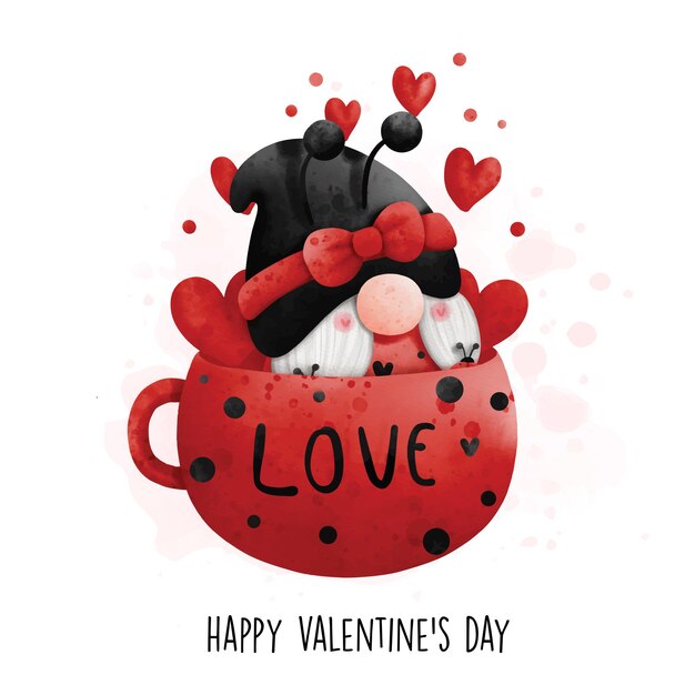 Vector happy valentines day with ladybug gnomes in the mug