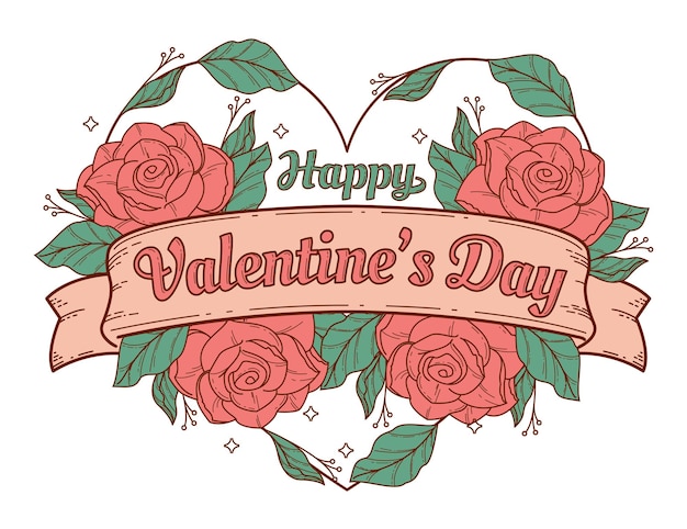 Vector happy valentines day with ribbon and roses