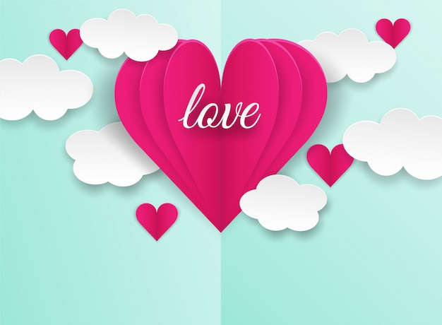 Happy valentines .design with love text and hearts flying on green pastel  background.