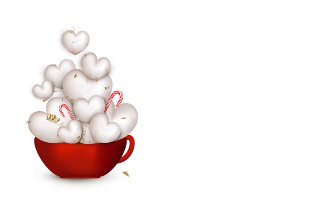 Vettore cartolina d'auguri di felice san valentino. tazza rossa con simpatici cuori bianchi 3d, coriandoli volanti, serpentine, lecca-lecca. illustrazione.