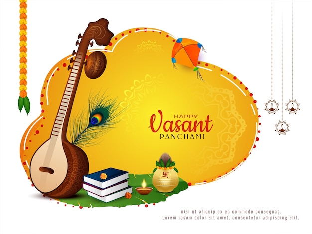 Вектор happy vasant panchami фестиваль фон с вектором музыкального инструмента veena