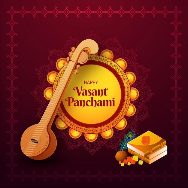 Happy vasant panchami greeting card design with illustration of