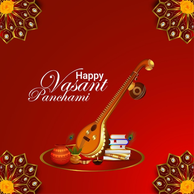 Cartolina d'auguri felice di vasant panchami con veena e libri