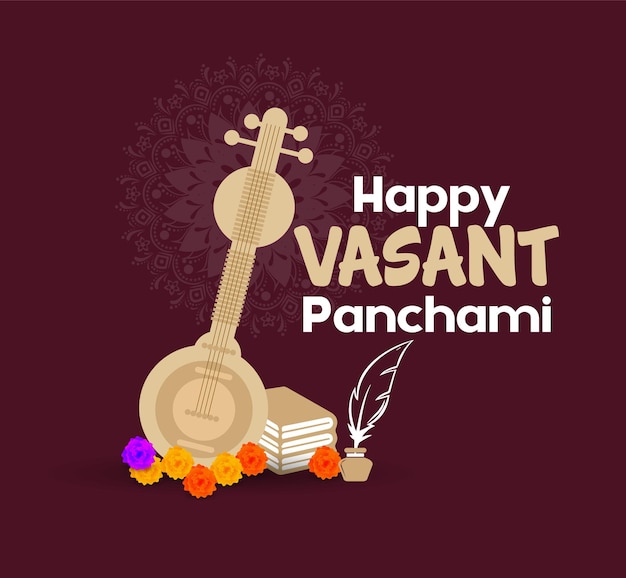 Vasant Panchami Veena를 위한 사라스와티 여신의 해피 Vasant Panchami 삽화