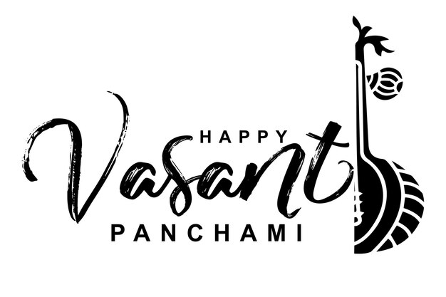 Scritta happy vasant panchami con illustrazione vettoriale veena