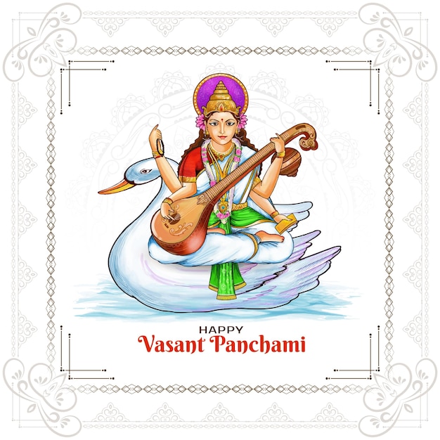 Felice vasant panchami, tradizionale festa indiana con l'illustrazione della dea saraswati