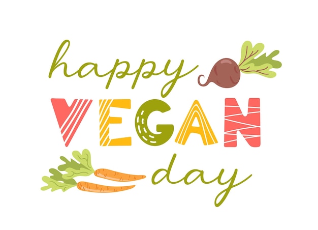 Vettore felice giornata vegana banner in stile cartone animato raccolta di verdure fresche di stagione carote e barbabietole stile piatto veganuary lettering in stile scandinavo per volantino poster sito web pubblicitario