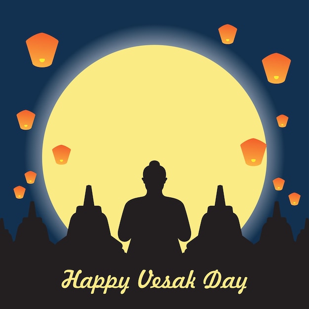 Happy vesak day buddha purnima saluto con buddha e illustrazione del tempio può essere utilizzato per poster banner logo sfondo saluto stampa design celebrazione elementi illustrazione vettoriale