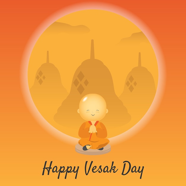 Vector happy vesak day a little monk is crosslegged and greeting