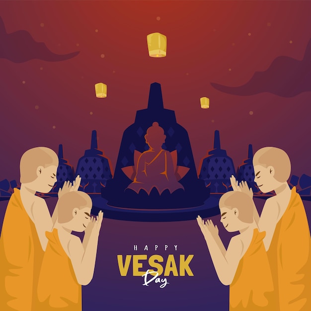 Felice giorno di vesak con i buddisti adorano l'illustrazione