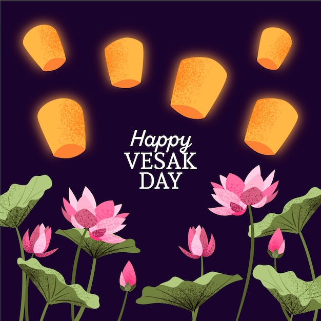 Vector happy vesak day with flowers and lanterns