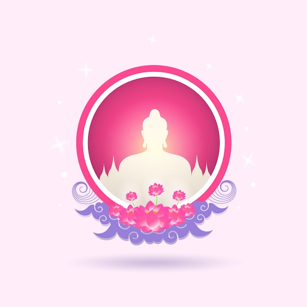 Happy Vesak Day with lotus and buddha silhouette at pink circle background vector illustration