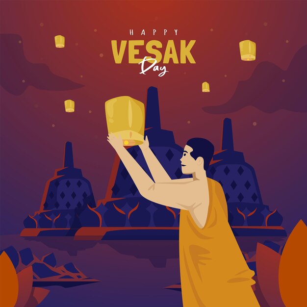 Felice giorno di vesak con un uomo che tiene una lanterna