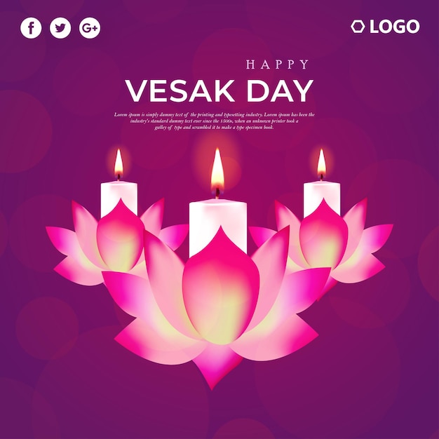 Happy Vesak Greetings Pink Flowers Purple Background Social Media Design Banner