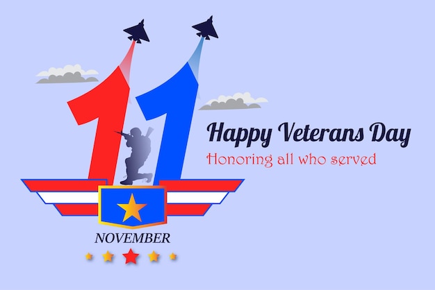 Vettore felice giorno dei veterani 11 novembre saluto design logo