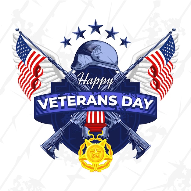 Vettore distintivo happy veterans day con illustrazione ar e medaglia