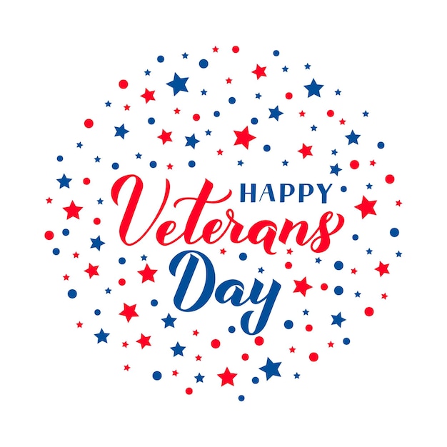 Happy veterans day calligraphy hand lettering with red and blue
stars american holiday banner easy to edit vector template for
typography poster flyer sticker greeting card postcard tshirt