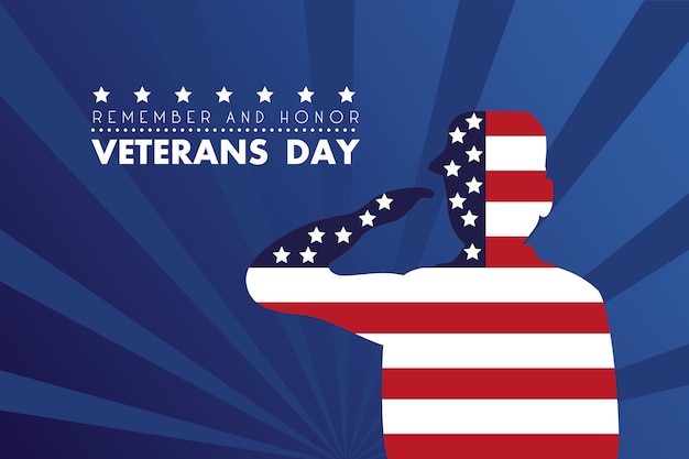 Vector happy veterans day card with soldier saluting usa flag illustration