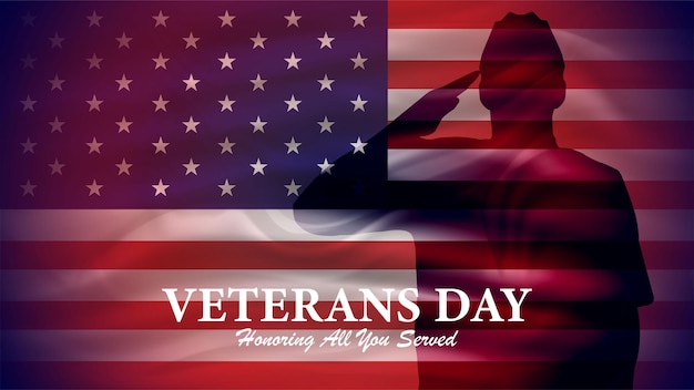 Happy veterans day celebration background with the usa flag and soldiers saluting