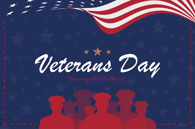 Happy veterans day. greeting card with usa flag and soldiers on
blue background. national american holiday event. flat vector
illustration eps10.