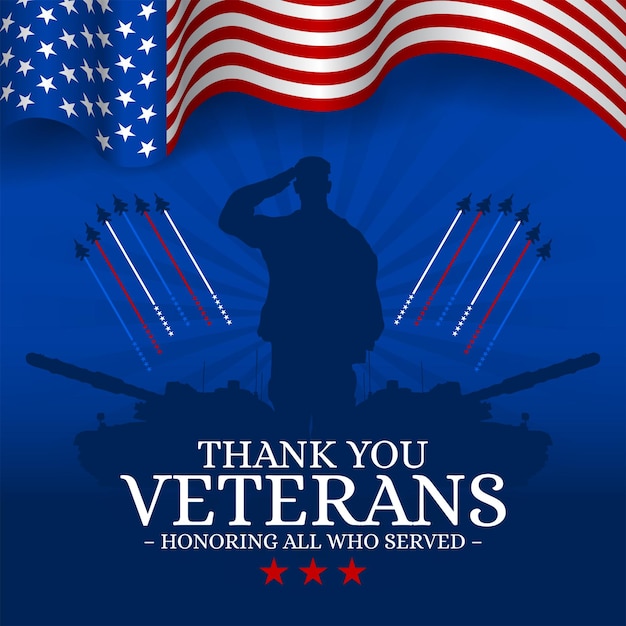 Vector happy veterans day greeting card with usa waving flag vector background