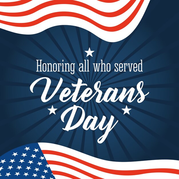 Happy veterans day, handwritten font with american flags on blue rays background  illustration