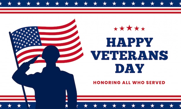 Vector happy veterans day honoring all who served. soldier military salutation silhouette with usa america flag behind vector illustration.