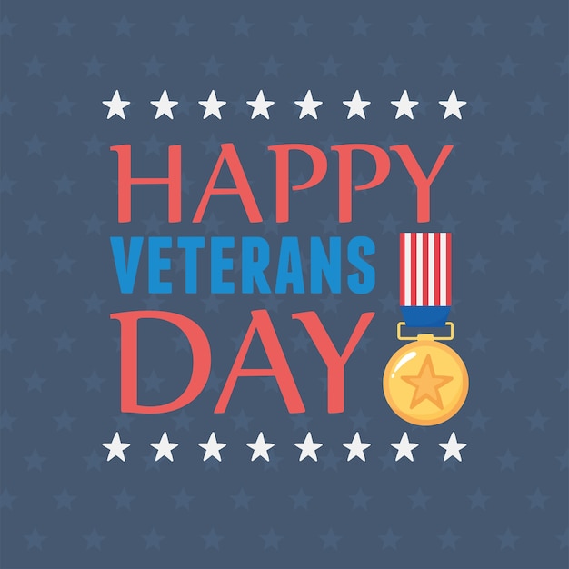 Vettore felice giorno dei veterani, soldato delle forze armate militari statunitensi, emblema della bandiera della medaglia di iscrizione.