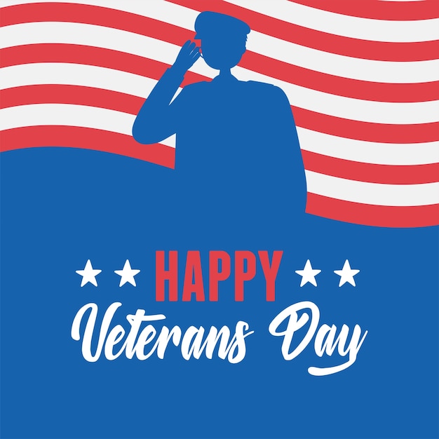 Happy veterans day, us military armed forces soldier silhouette american flag.